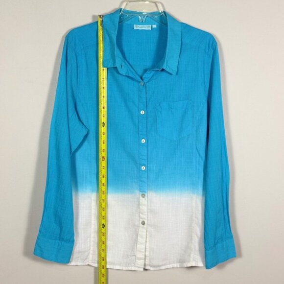 Lulu B Ombre Button Down Shirt Large Long Sleeve Cotton Turquoise White Beachy - Picture 9 of 10
